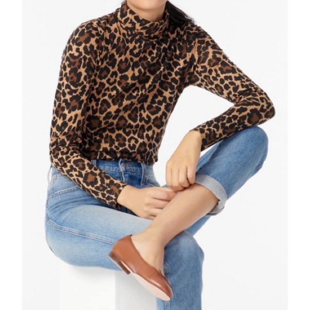 NEW JCREW Tissue Turtleneck Long-Sleeve T-Shirt in Leopard